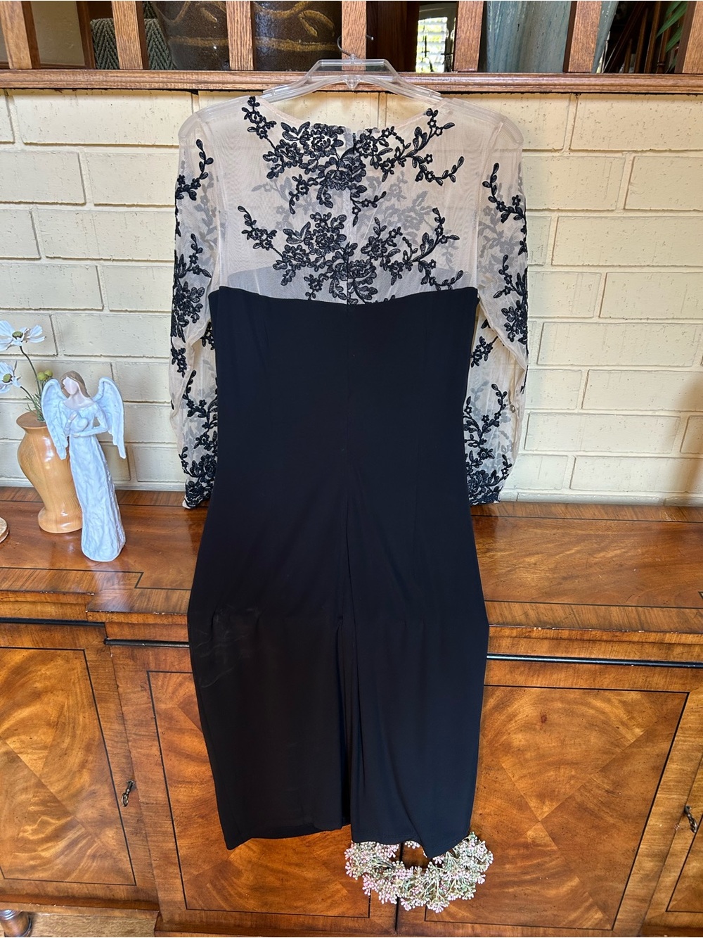 David Meister Black Long Sleeve Illusion Bodice Dress
